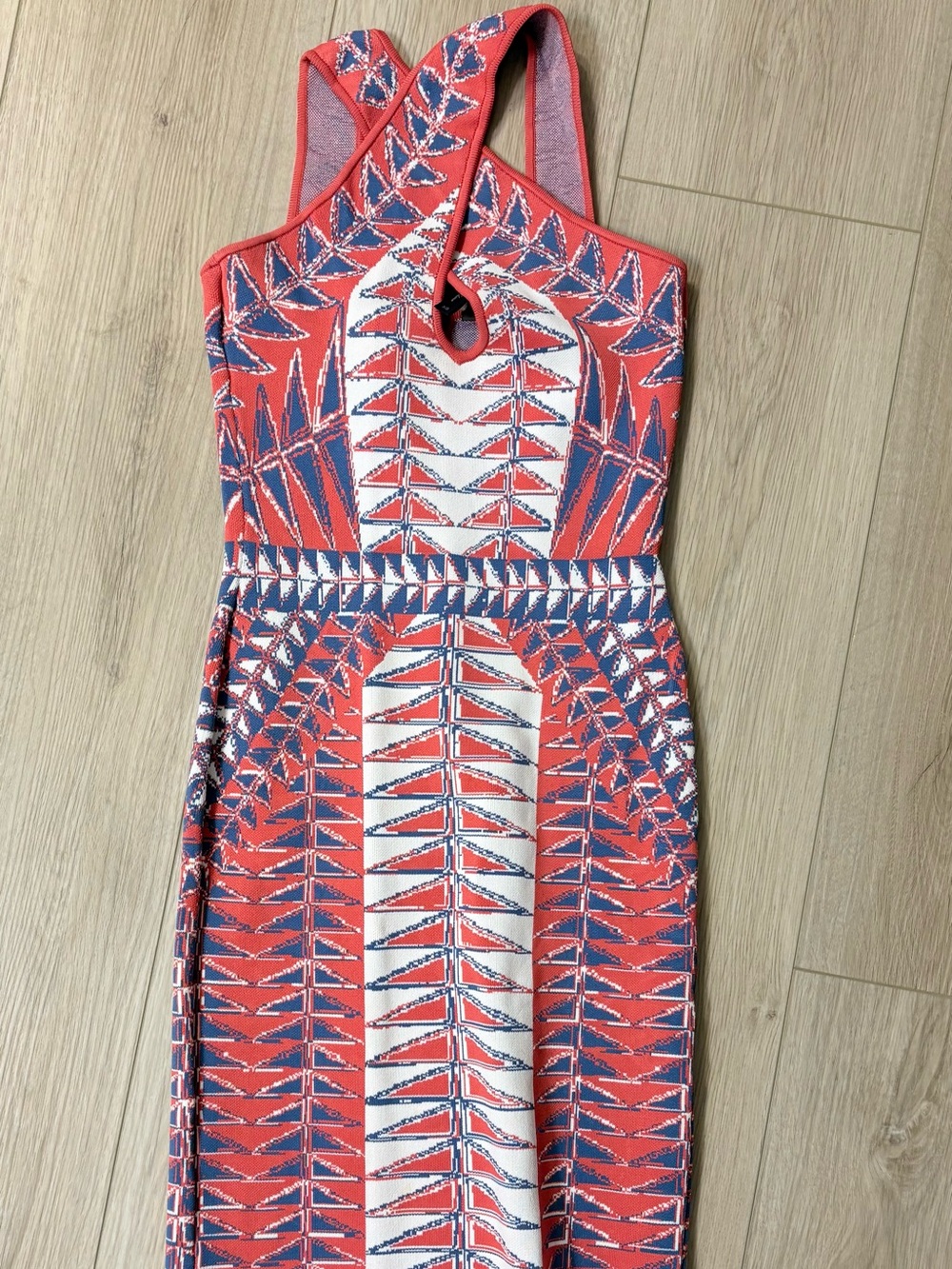 BCBGMaxAzria Coral, Navy & White Printed Midi Dress